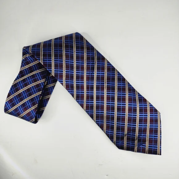 KENNETH COLE Red & Blue Plaid Silk Tie. - Picture 2 of 5